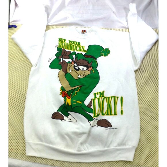 Tultex, Looney Tunes Tops - Vintage 1997 Looney Tunes Taz Im Lucky Sweatshirt St. Patricks Day Large White
